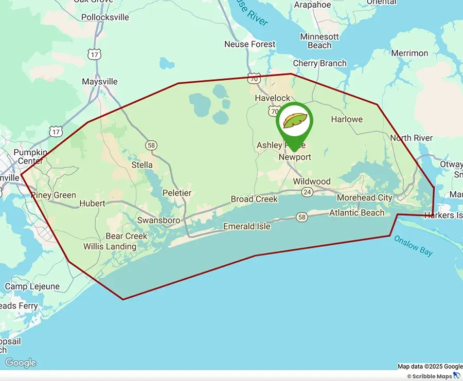 Wood Lawn and Landscaping Service Area Map Newport, NC