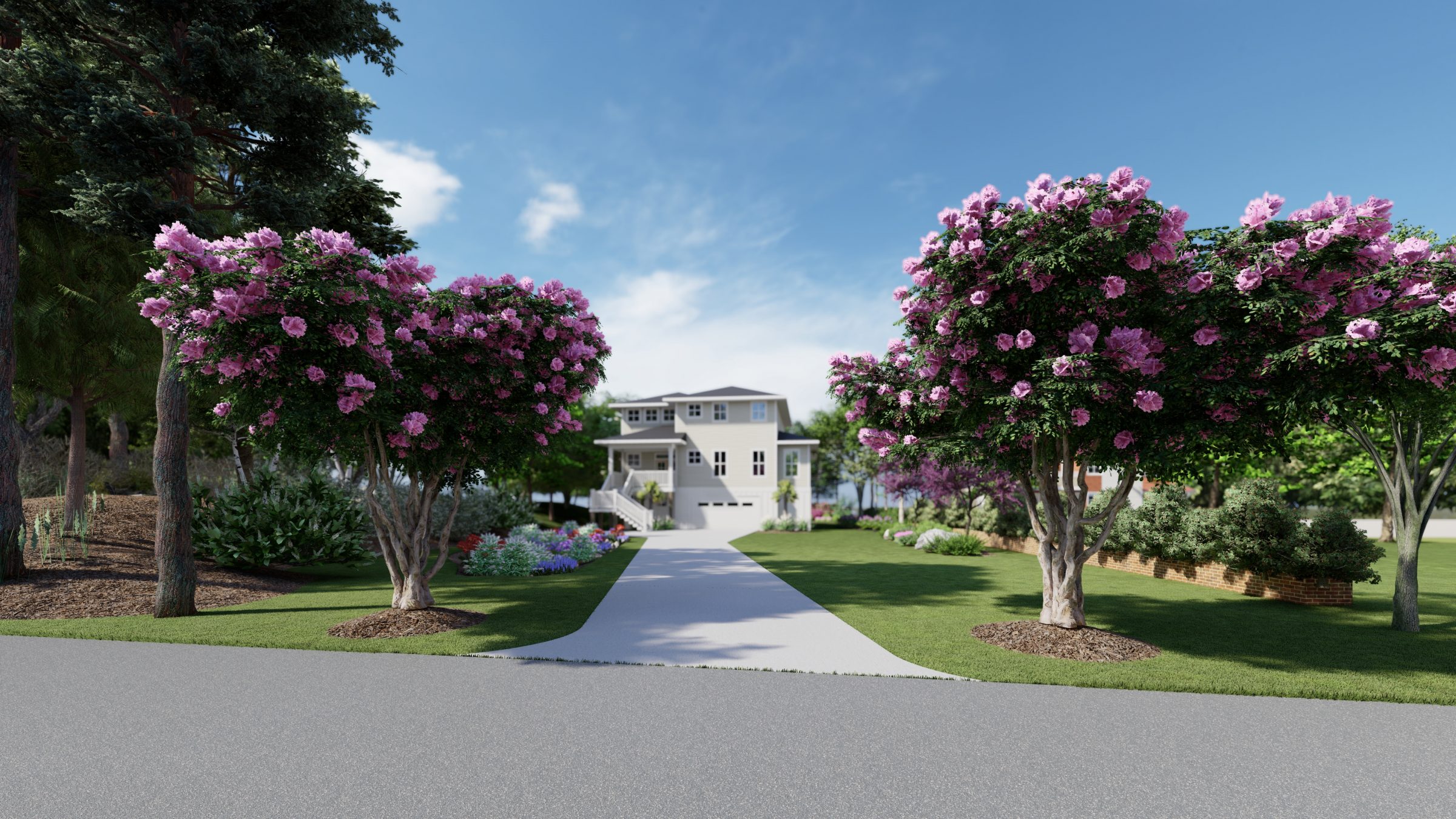 House with flowering trees and driveway in garden