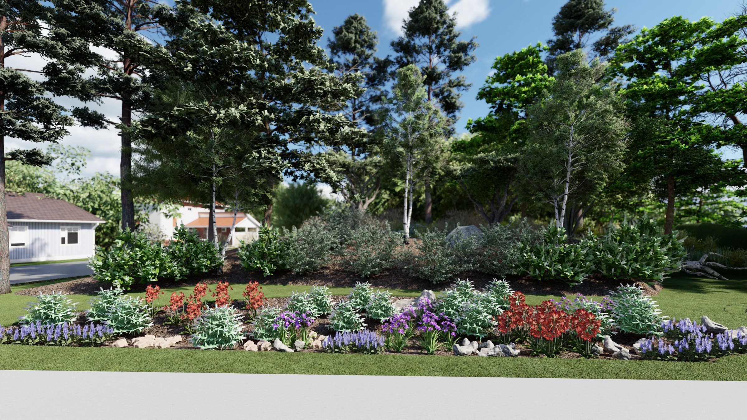 Colorful garden with trees and flowers in landscape.