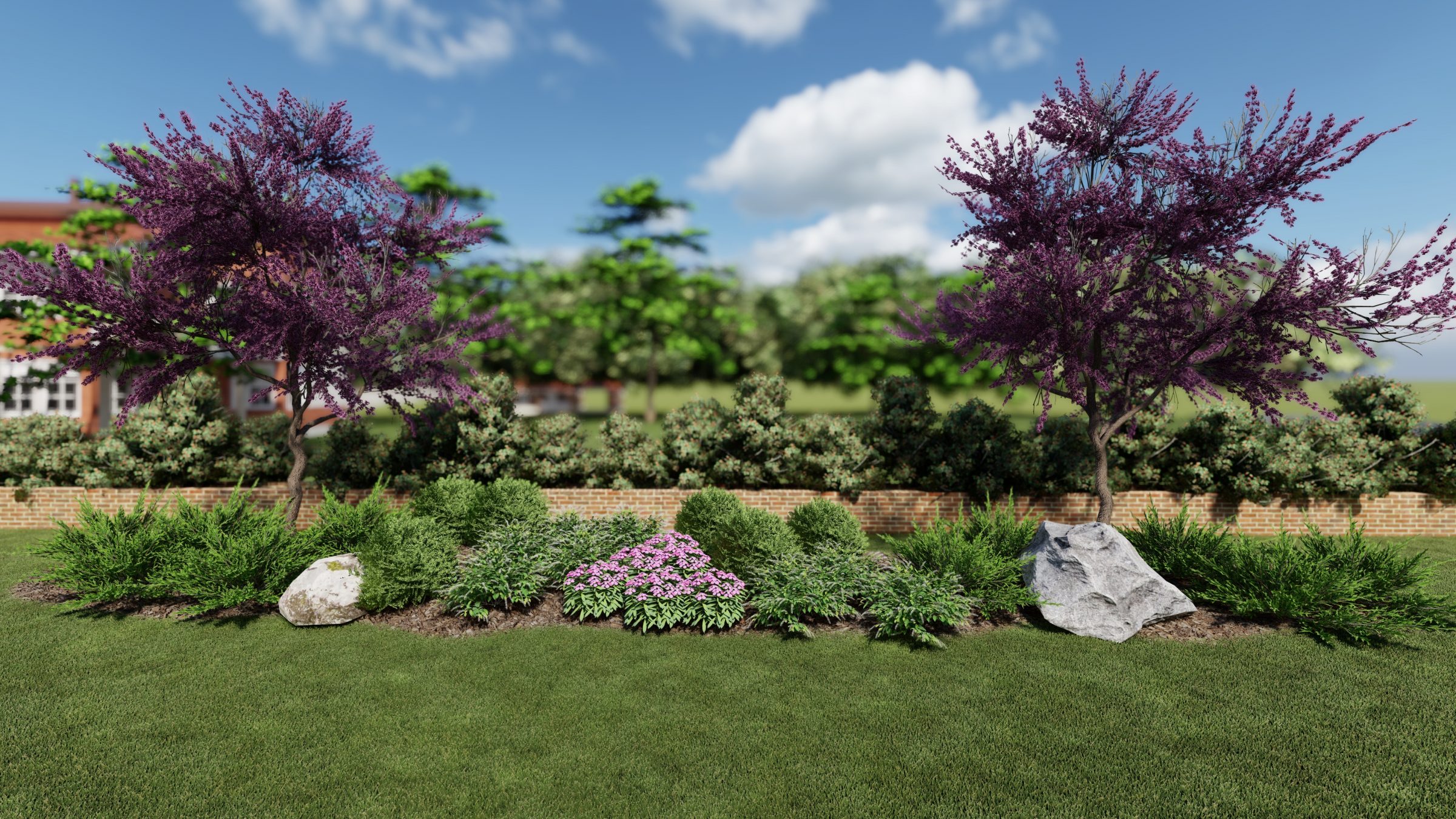 Beautiful garden landscape with flowering trees and shrubs.