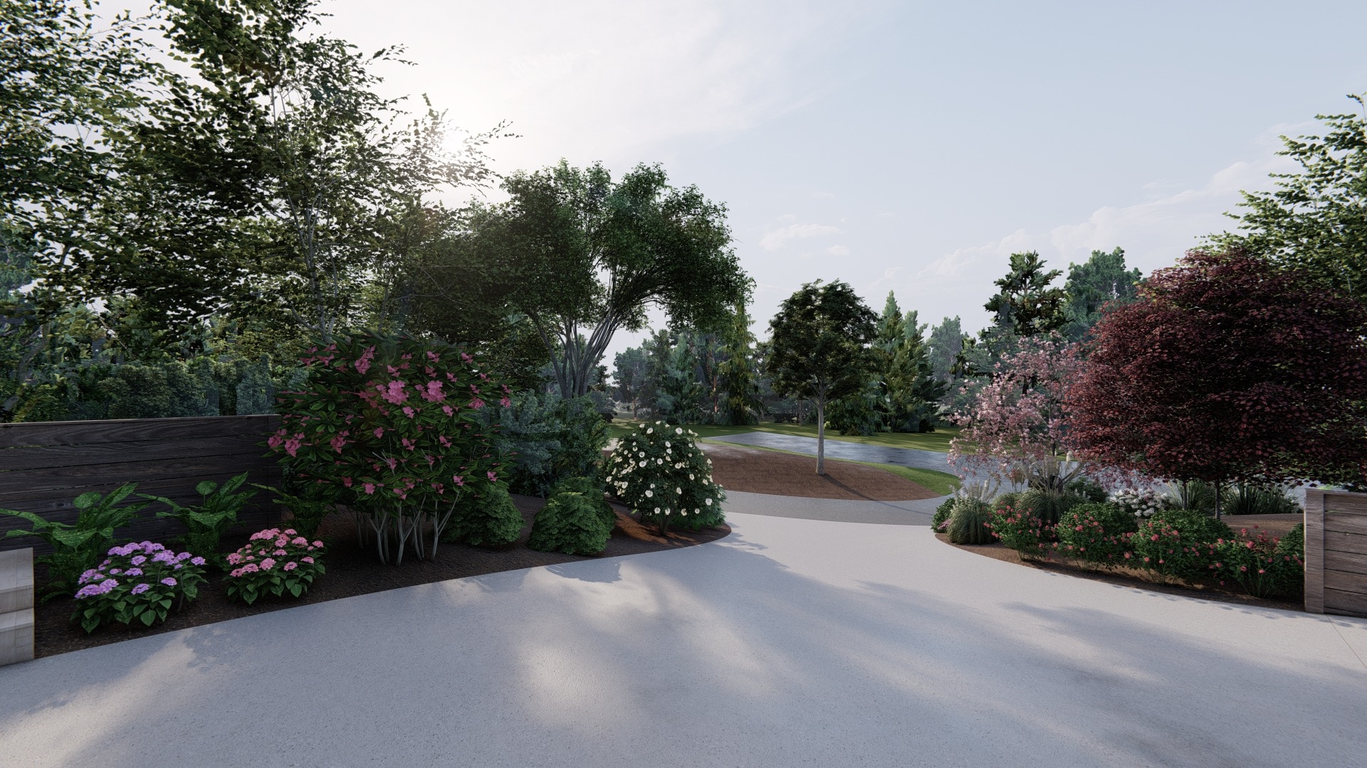 Scenic garden path lined with colorful flowers and trees.