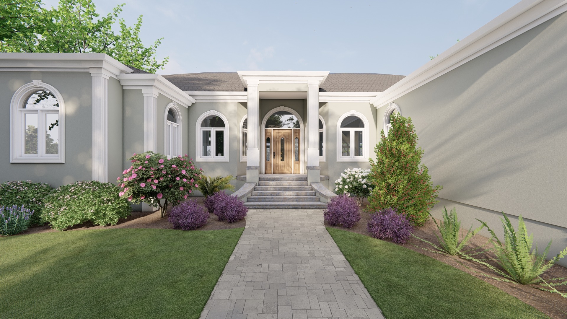 Elegant house entrance with lush landscaping
