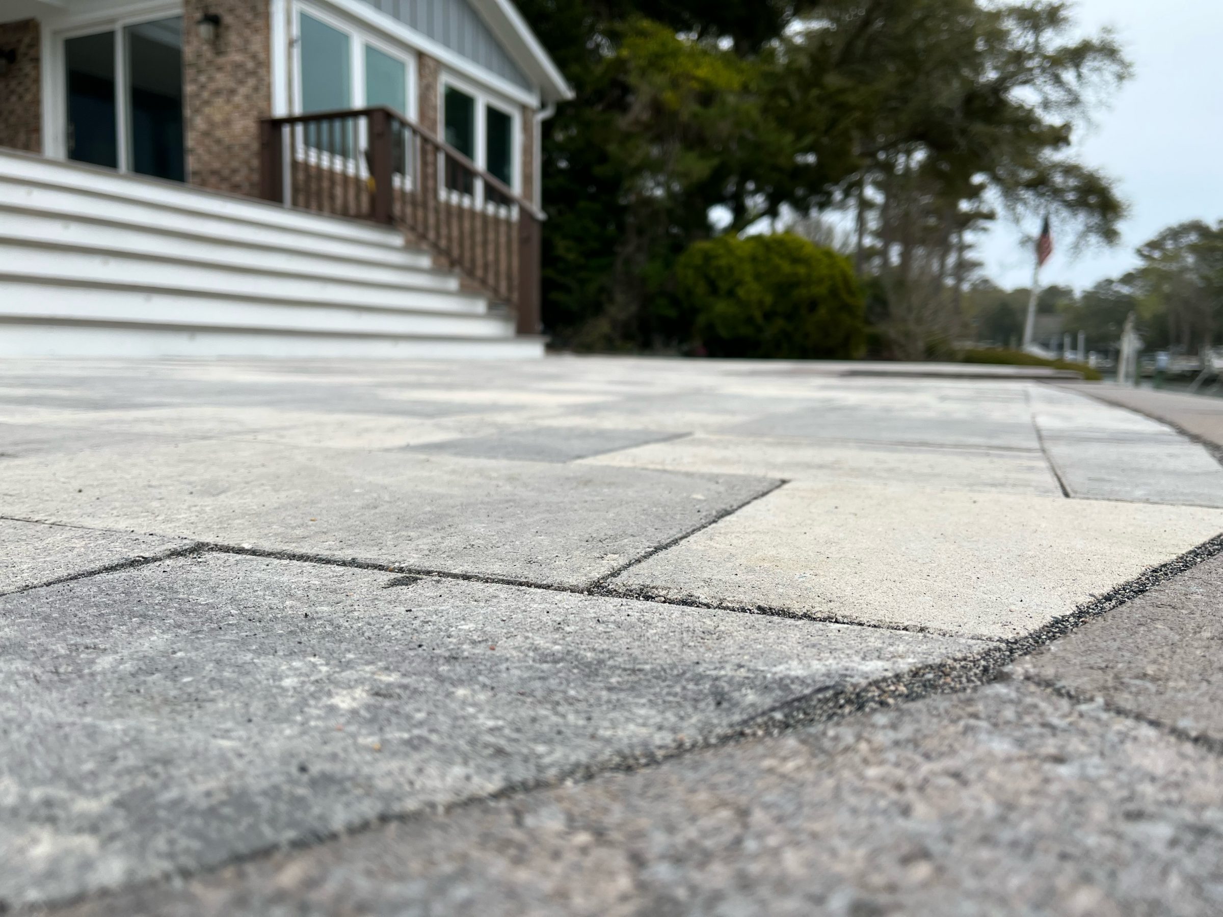 Close-up of paved walkway by house.
