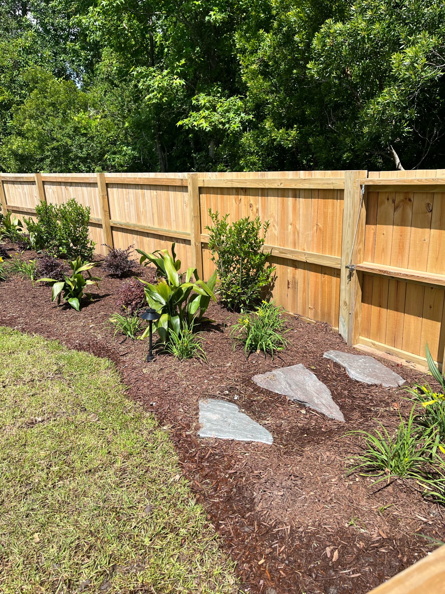 Wooden fence with landscaped garden and stepping stones.