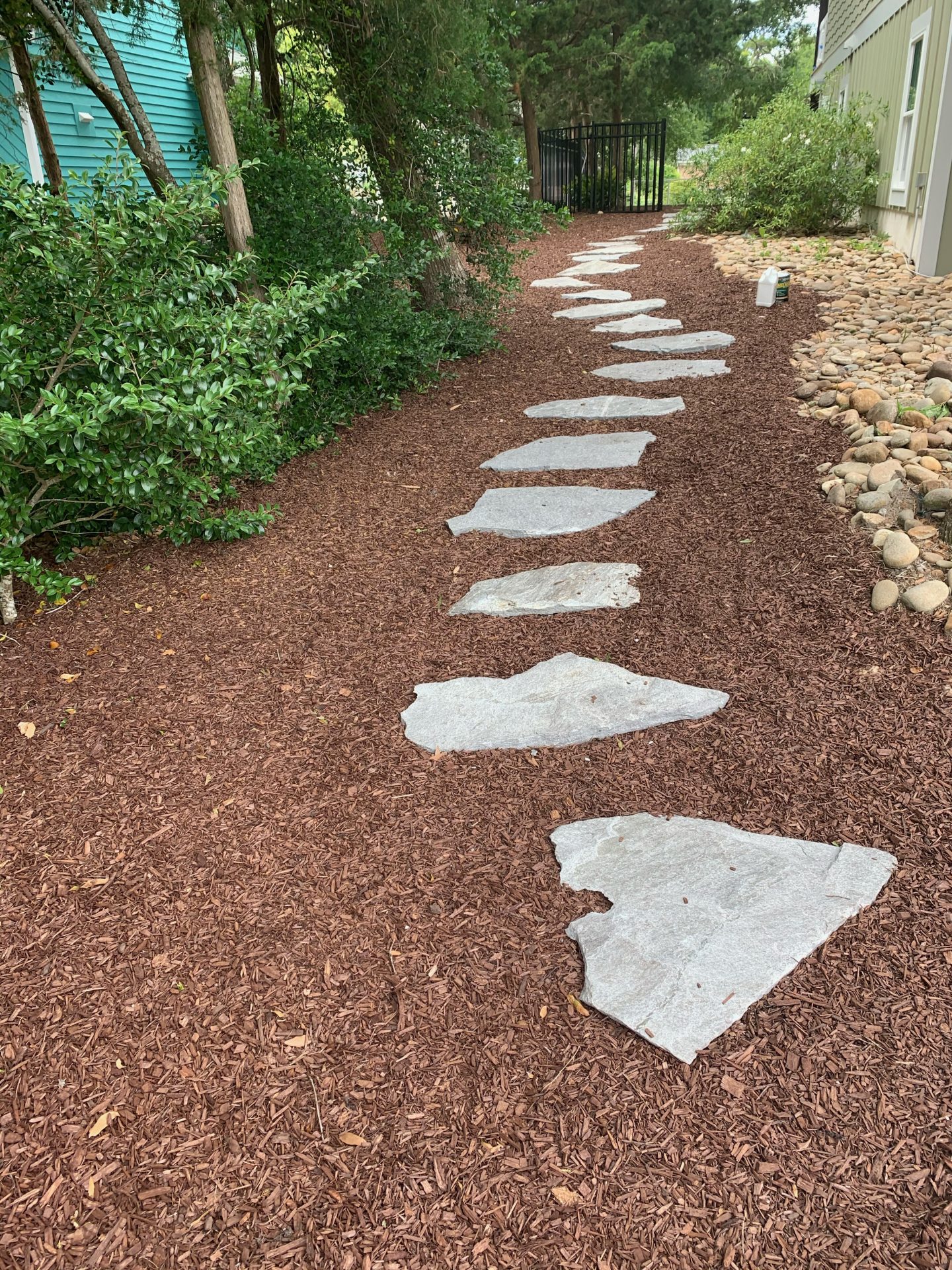 Stone path through garden with mulch and bushes.