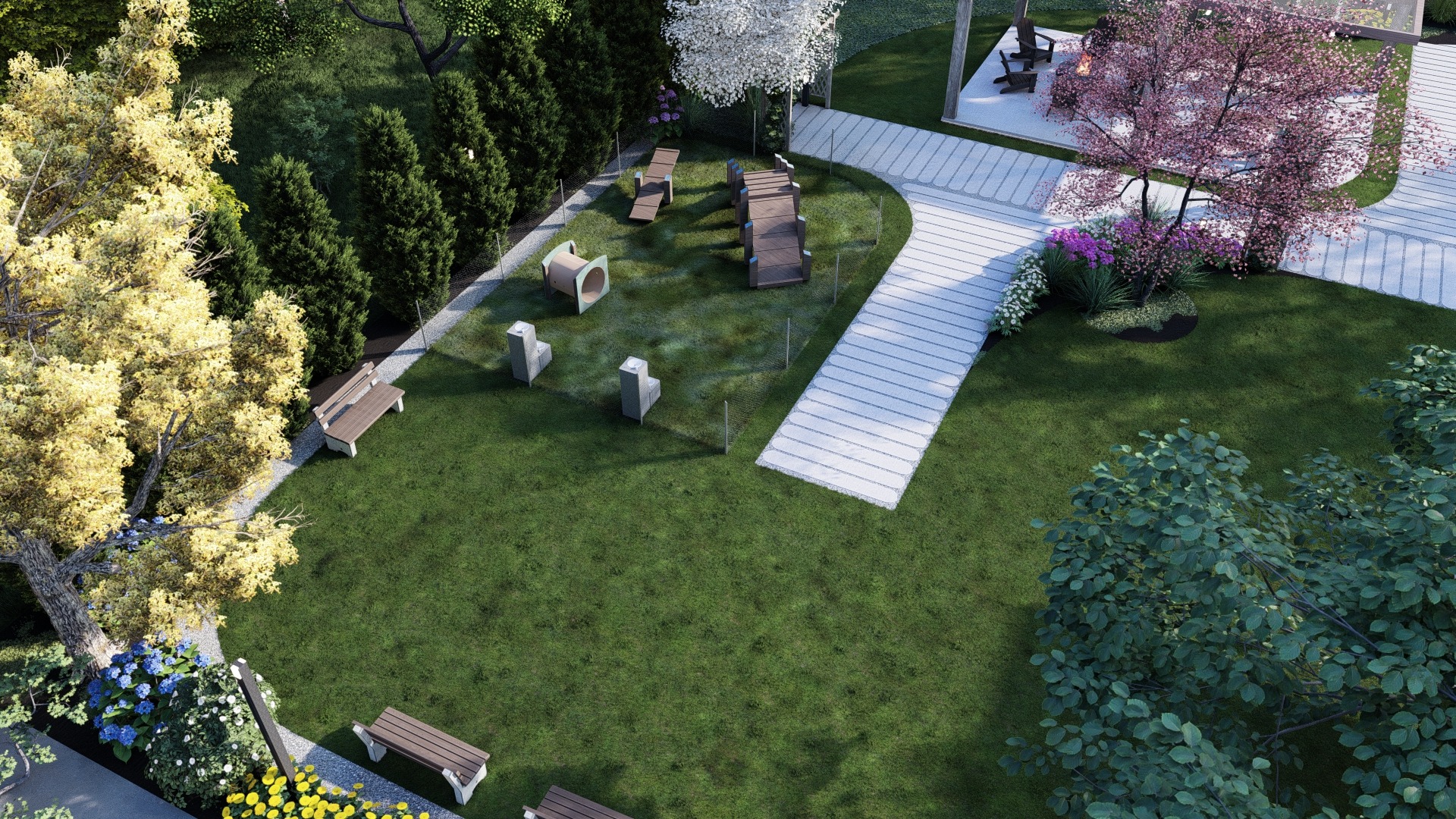 Well-landscaped park with benches and trees.