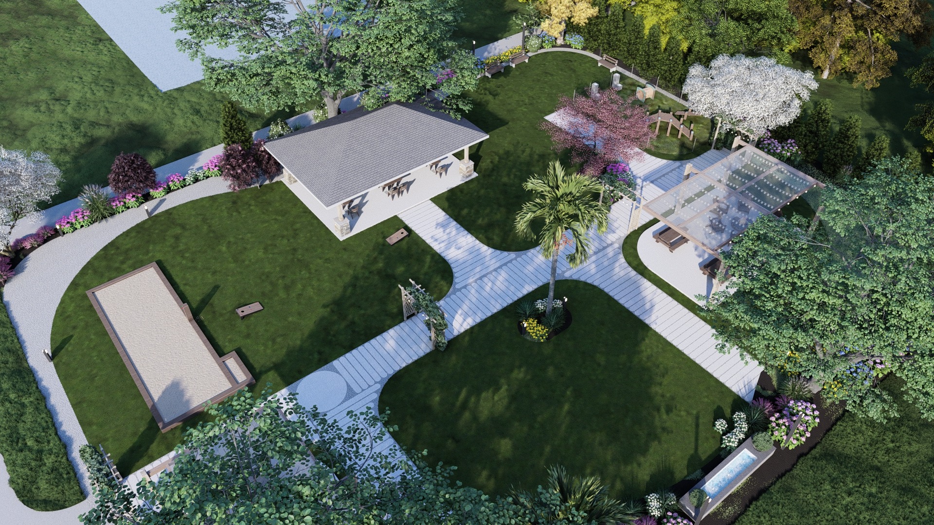 Aerial view of landscaped garden with pathways