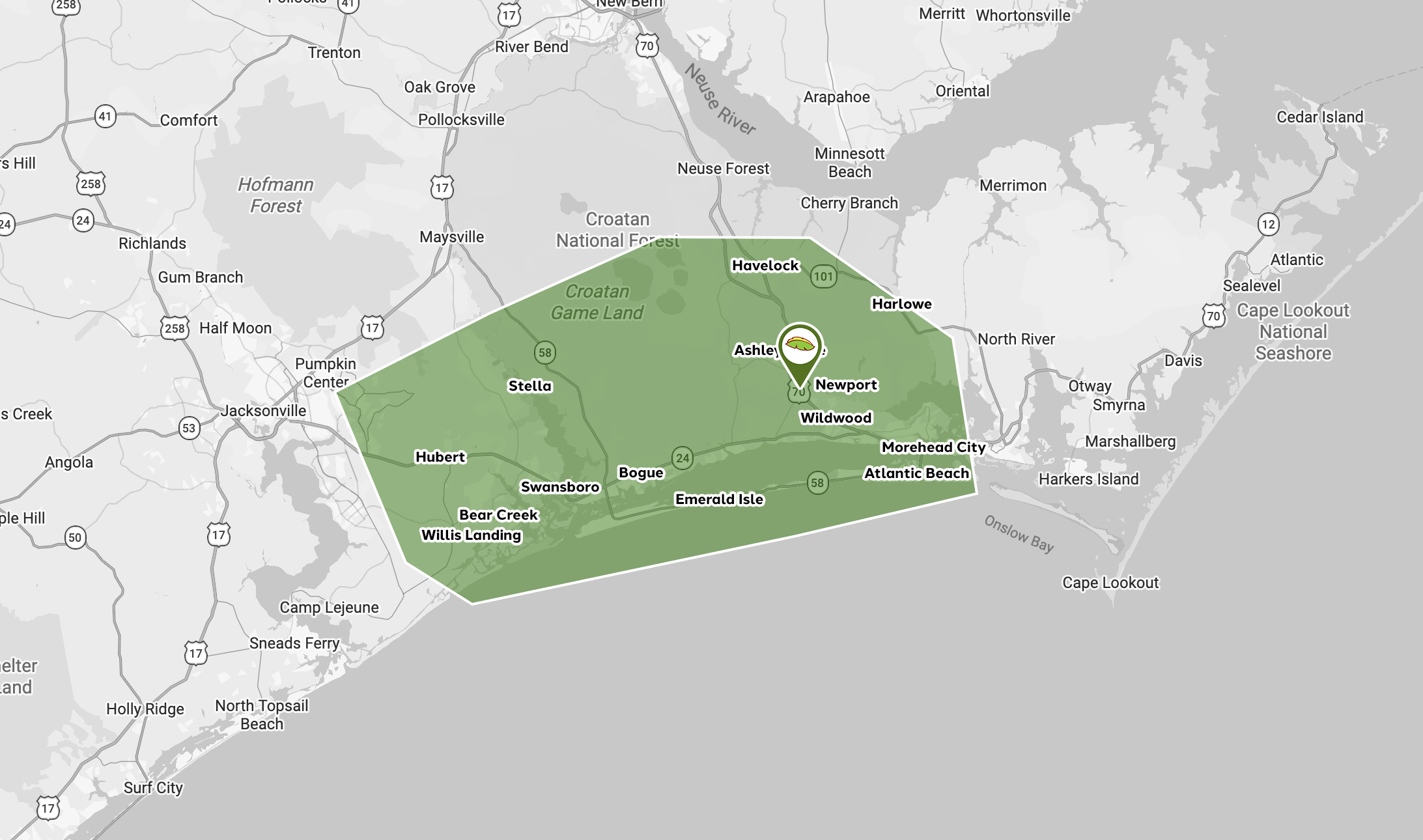 Map highlighting coastal area near Emerald Isle.