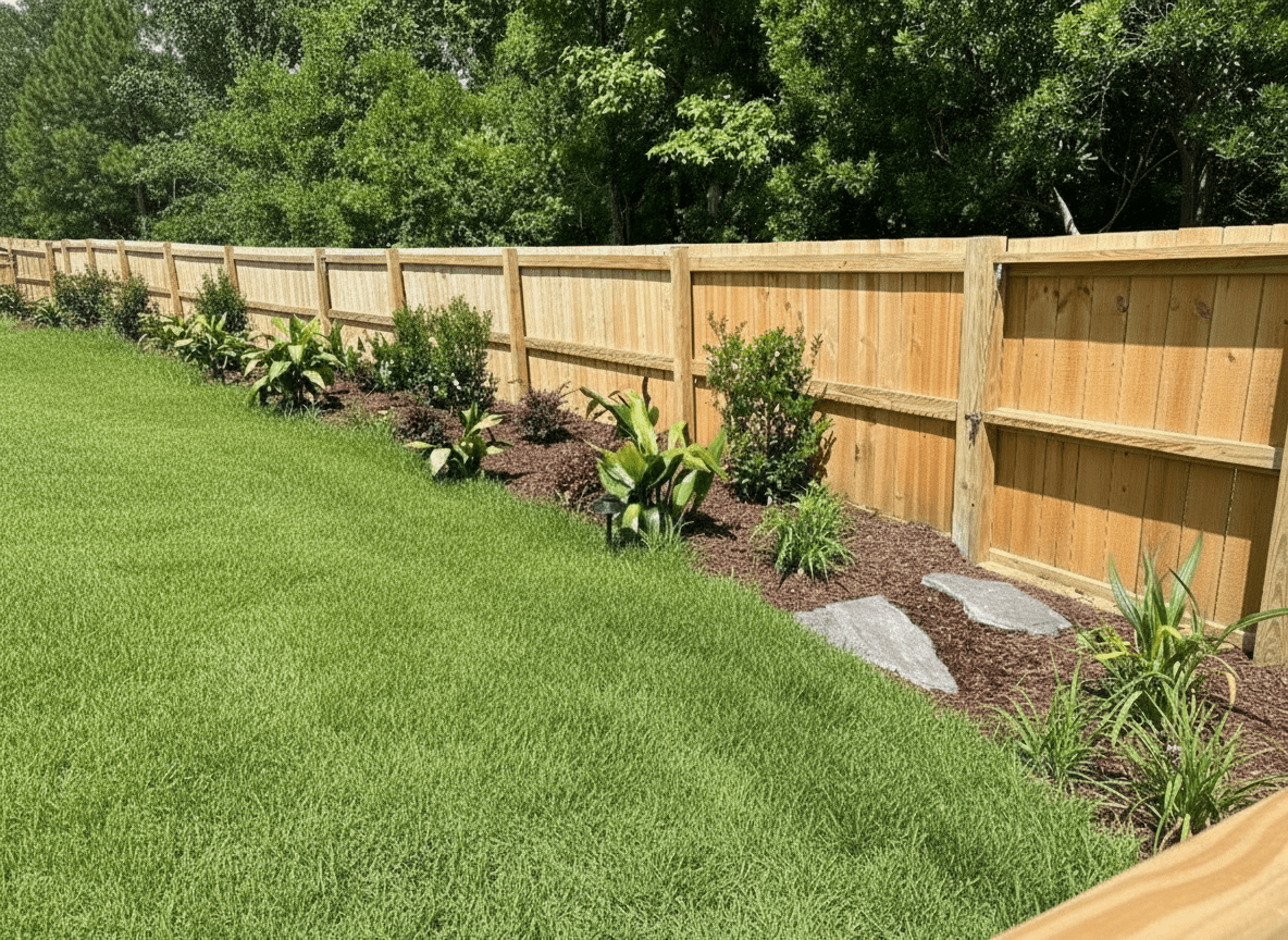 Wooden fence with garden and green lawn