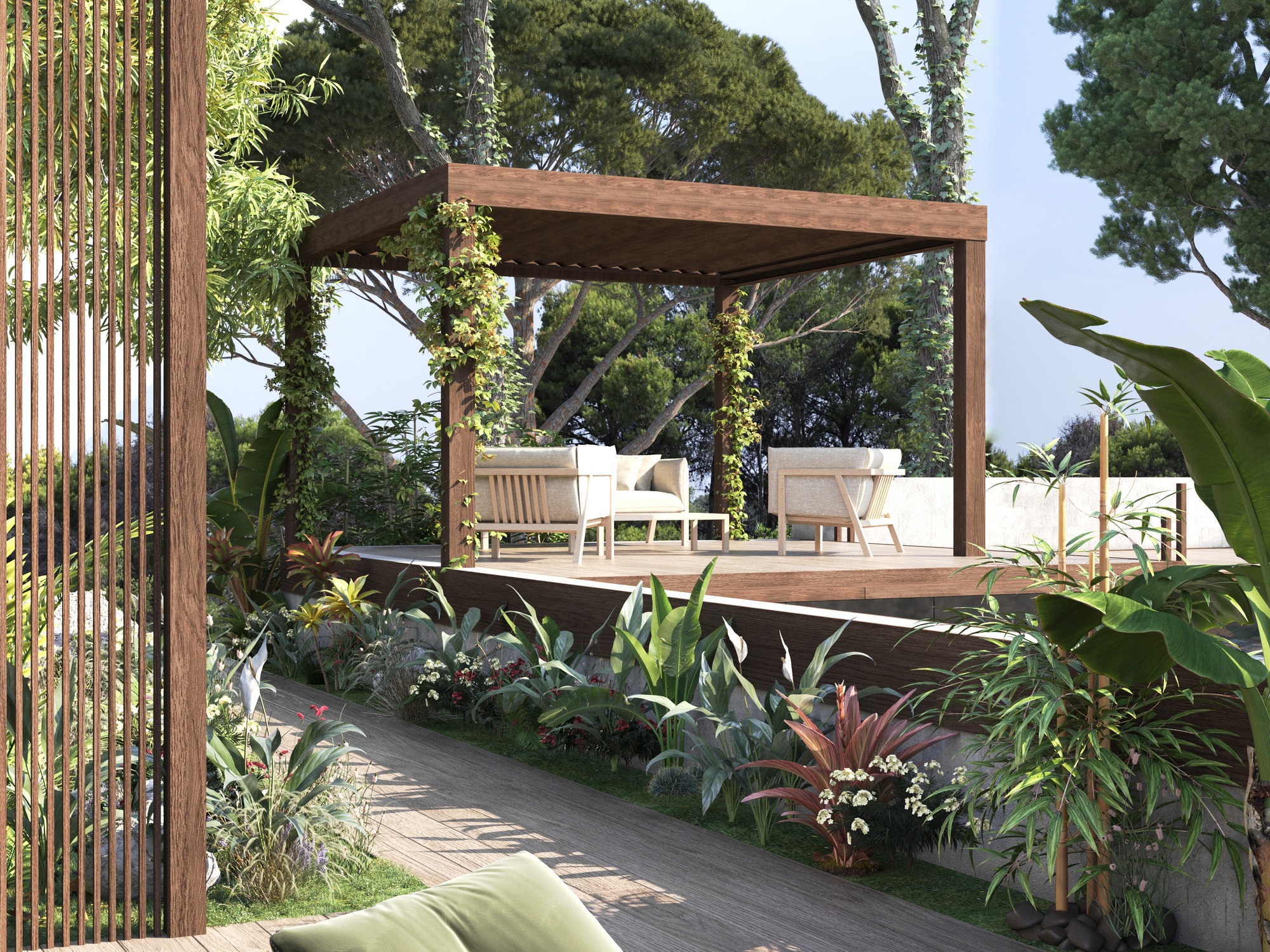 Lush outdoor pergola with seating and greenery.